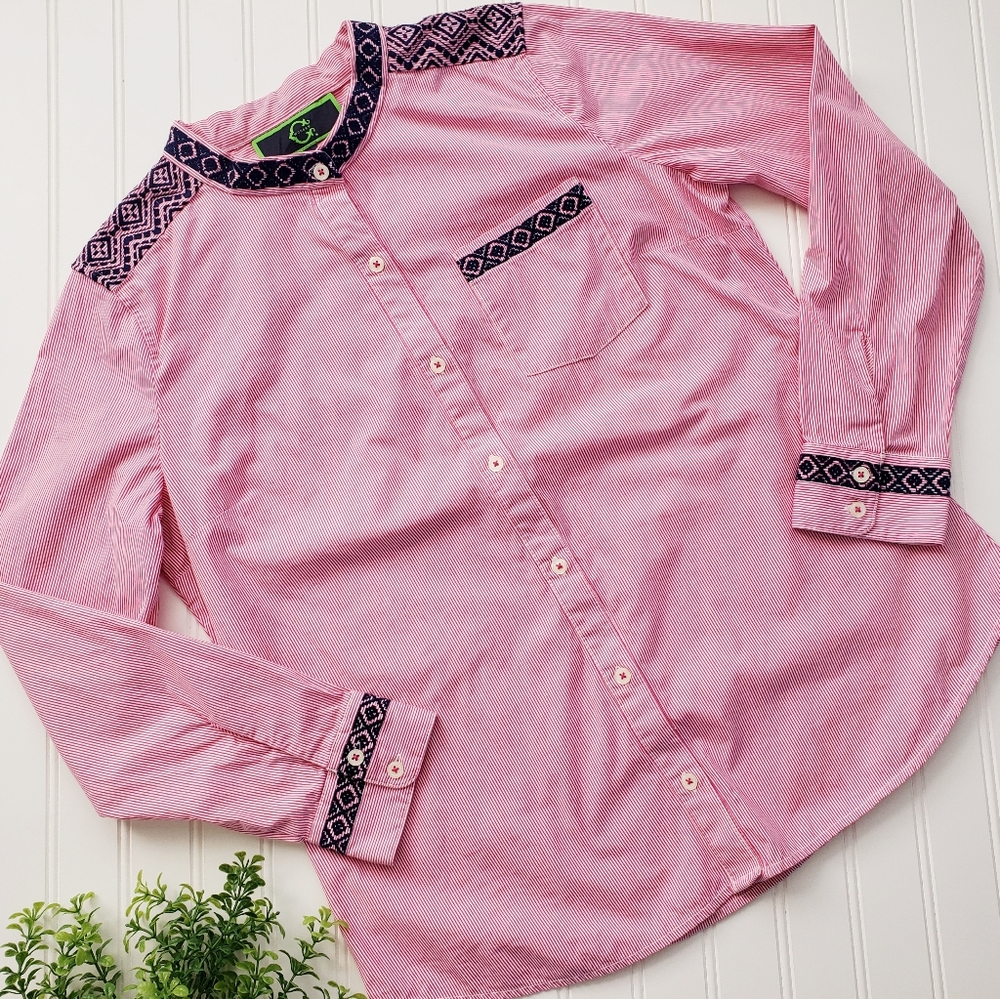C Wonder Button Up Pink White Stripe Embroidered size Medium Western Boho